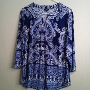 Links Blouse Women S 3/4 Sleeve Soft Stretch Pattern Blue White